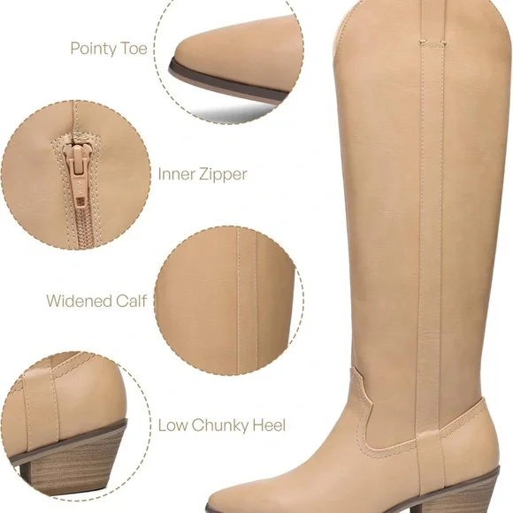 NWT Tan Knee-High Cowboy Boots / Vegan Leather / Faux Leather - Picture 8 of 17